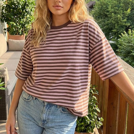 Soho Wear Women’s Striped Oversized T-Shirt – Brown