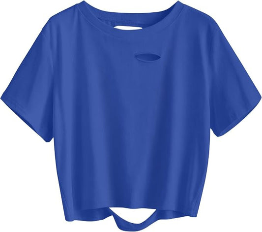 Soho Wear Women’s Blue Cutout Crop T-Shirt – Short Sleeve