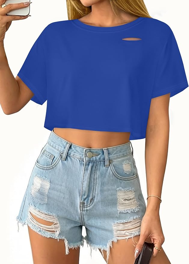 Soho Wear Women’s Blue Cutout Crop T-Shirt – Short Sleeve
